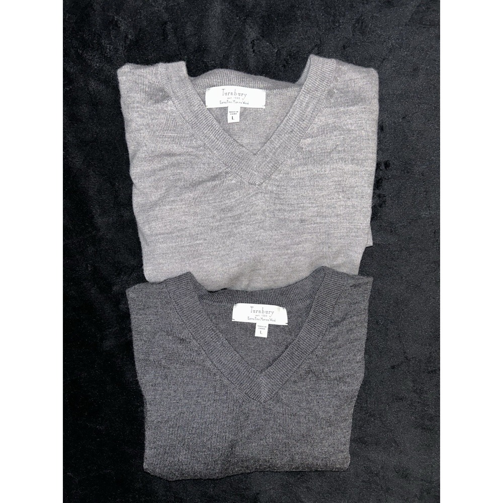 Lot of 2 Turnbury Mens Large Extra Fine Merino Wool V-Neck Gray Sweater Vests